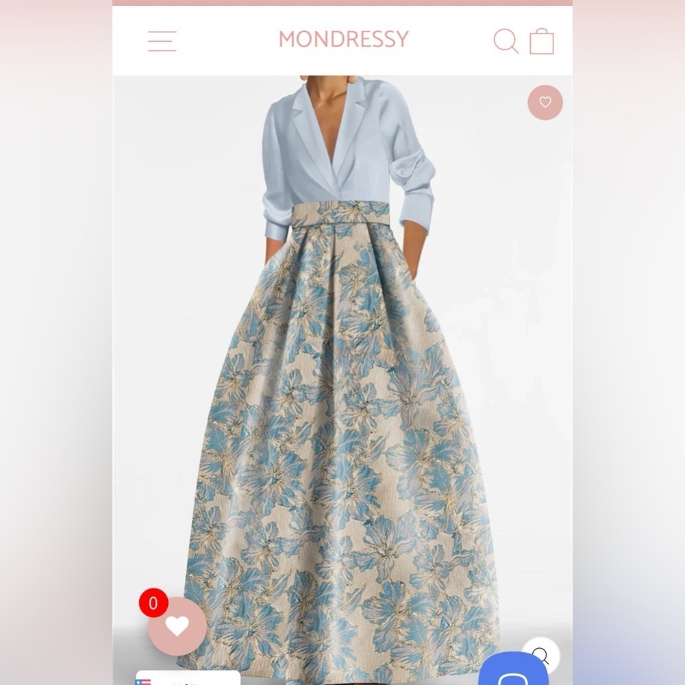 Floral Blue and Cream A-Line Mother of Dress
